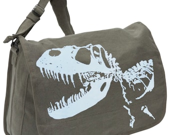 DINOSAUR T REX -- Canvas messenger bag -- large field bag -- adjustable strap skip n whistle