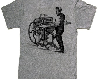 Mens unisex T-shirt --- Vintage letterpress printing press --- sizes sm med lg xl xxl 3xl, 4xl, 5xl