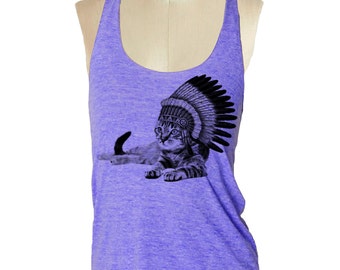 Womens CAT INDIAN Tank Top --- American printed apparel Tri-Blend s m lg (8 Color Options)