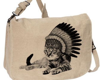 Cat Indian -- Canvas messenger bag -- large field bag -- adjustable strap skip n whistle