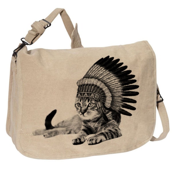 Cat Indian -- Canvas messenger bag -- large field bag -- adjustable strap skip n whistle