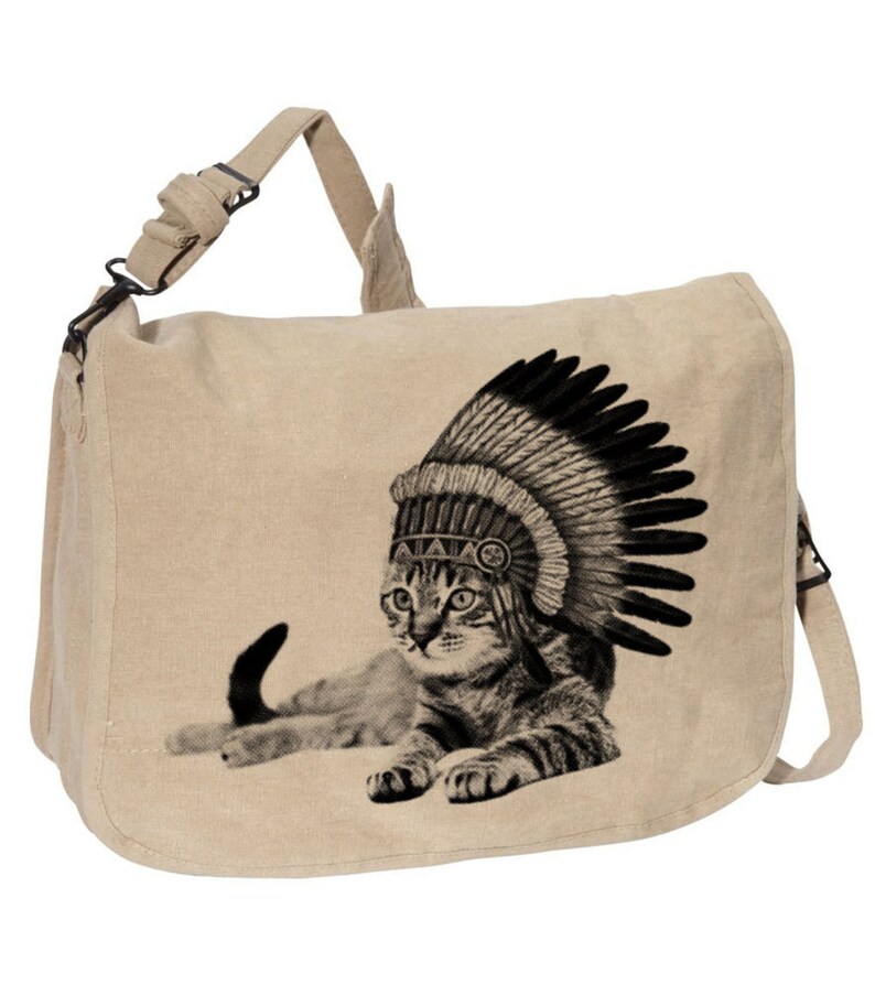 Cat Indian Canvas messenger bag grote veldtas verstelbare strap skip n whistle afbeelding 1