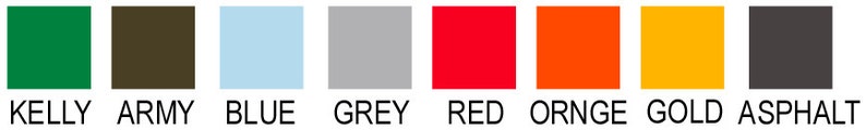 May include: A color palette featuring eight solid color blocks: Kelly green, army brown, light blue, grey, red, orange, gold, and asphalt. Each block has a corresponding color name below it.