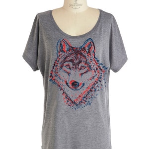 Womens WOLF T SHIRT - Dolman sleeve slouchy off the shoulder shirt (Many color choices) sm, med, lg, xl, xxl