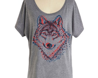 Womens WOLF T SHIRT - Dolman sleeve slouchy off the shoulder shirt (Many color choices) sm, med, lg, xl, xxl