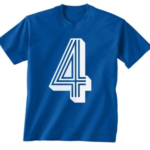 4th BIRTHDAY KIDS T shirt soccer number 4 Size 2t, 3t, 4t, youth xs, yth sm, yth med, yth lg 7 COLORS image 1