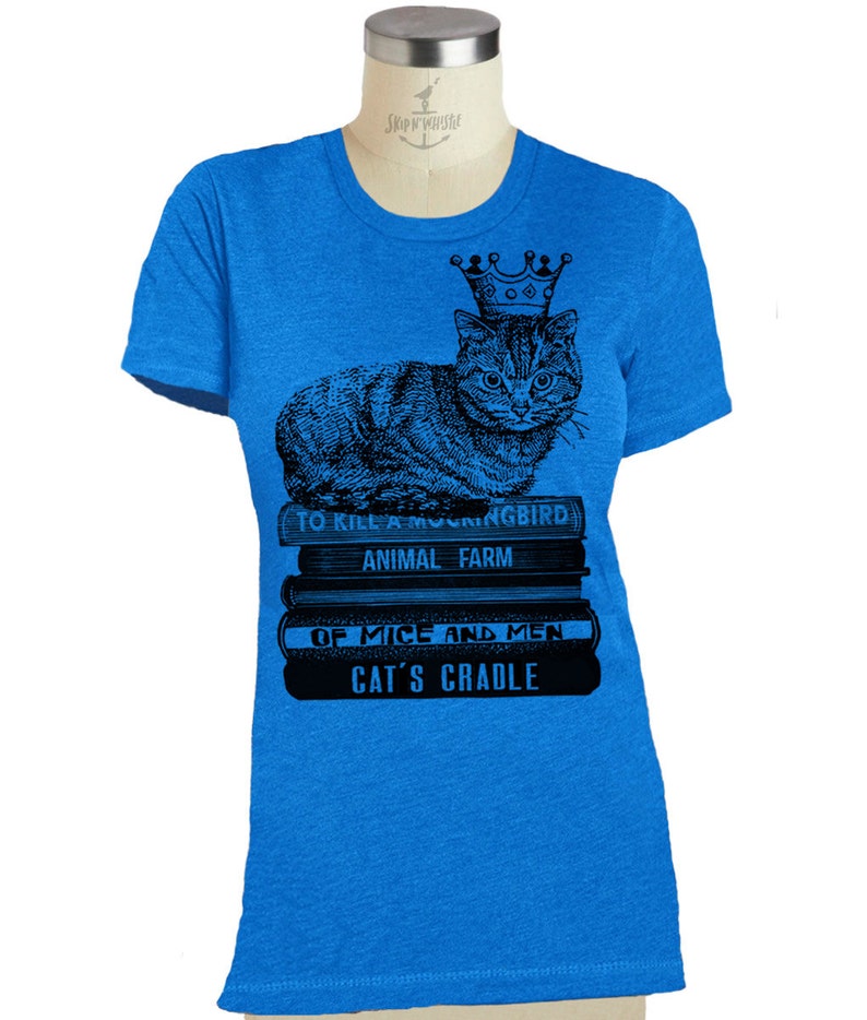 Womens CAT KING T SHIRT sitting on books wearing crown sm, med, lg, xl, xxl image 2