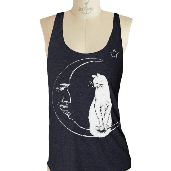 CAT MOON Tank Top shirt - American printed apparel Tri-Blend Tank workout - 8 color options Available in sizes S M L XL 2XL -
