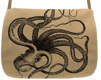 Kraken Octopus -- Canvas messenger bag -- large field bag -- adjustable strap skip n whistle