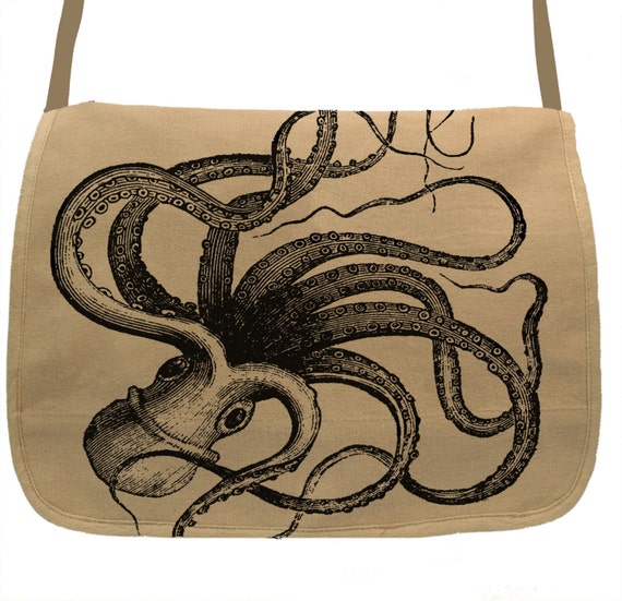 Kraken Octopus -- Canvas messenger bag -- large field bag -- adjustable strap skip n whistle