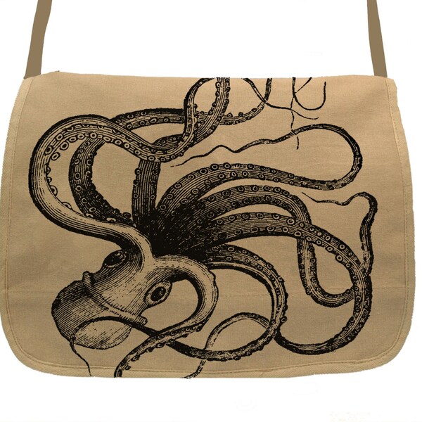 Kraken Octopus -- Canvas messenger bag -- large field bag -- adjustable strap skip n whistle