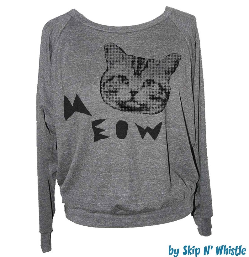 Womens CAT SWEATSHIRT Meow face long sleeve raglan pullover american apparel S M L 5 Color Options image 1