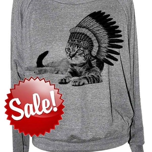 Katzen Sweatshirt - Katze Indianer Damen Raglan American Apparel Slouchy Pullover - Gr. sm med lg