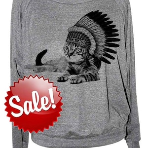 Cat sweatshirt - Cat Indian womens raglan American Apparel slouchy pullover - size sm med lg