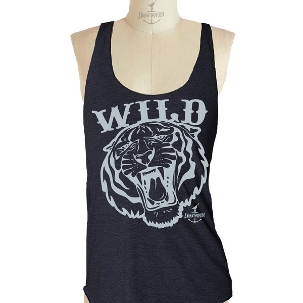 WILD TIGER Tank Top shirt - American printed apparel Tri-Blend Tank workout - 8 color options Available in sizes S, M, L skip n whistle