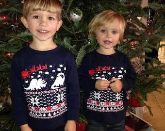 Kids Christmas sweater long sleeve shirt  -- Dinosaur and Santa Claus - long sleeve - kids toddler youth sizes