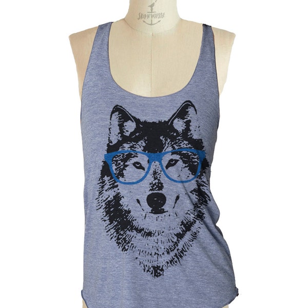 Womens WOLF GLASSES Shirt Tank Top--- Tri-Blend Racerback tank woman S M L XL (8 Color Options) skip n whistle