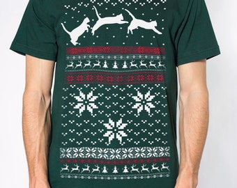 Ugly Christmas sweater t shirt -- mens unisex --- CATS JUMPING ---- sizes sm med lg xl xxl