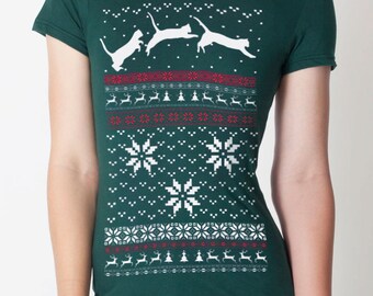 T-shirt pull de Noël chat -- S M L XL XXL ( 2 couleurs )