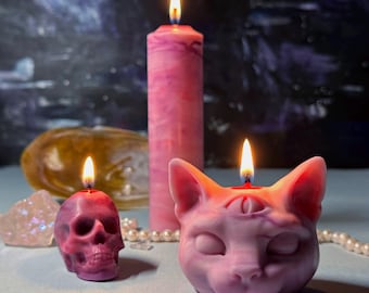 Decorative Soy ritual candles: Magic three-eyed CAT, PILLAR candle and SKULL, full of colour Witchy candles. Self care gift