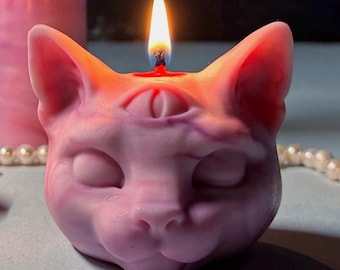 Decorative Soy ritual candles: Magic three-eyed CAT, colored Witchy candles. Self care gift