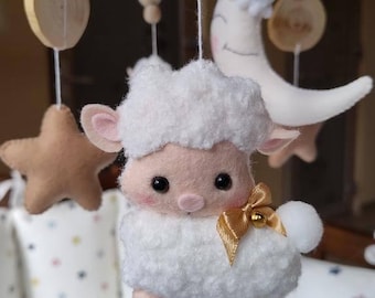 Baby girl nursery | Cloud mobile lamb baby handmade from bouclé | Baby mobile | Shower gift Baby | Nursery Decor Cot Mobile | Newborn gift