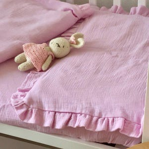 Bedding baby muslin ruffles | Pink muslin bedding set |  Baby muslin bedding set toddler | Crib bedding set pink muslin| Baby gift bedding