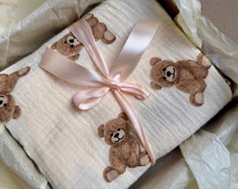 Muslin blanket with teddy | New Baby gift | Newborn muslin blanket | Muslin baby swaddle blanket with teddy | Teddy  nursery