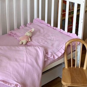 Muslin pink bedding | Muslin sheets | Baby muslin blanket | Muslin baby bed with ruffles