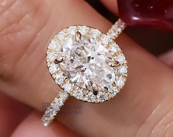 Anillo de diamantes ovalados cultivados en laboratorio de 2,5 quilates: anillo de bodas con halo de oro amarillo de 14 quilates