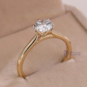 Round Lab Grown Diamond Engagement Ring / 0.50 To 2.00 CT Solitaire Lab Grown Diamond Ring / 14K Yellow Gold Claw Prong Set Ring