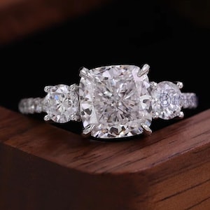 3 CT Cushion Cut Lab Grown Diamond Engagement Ring: Three Stone Trilogy