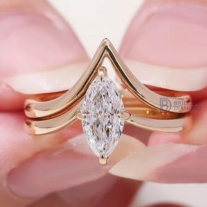 1.50 CT Marquise Lab Grown Diamond Engagement Ring Set Vintage Diamond Solitaire Ring Set with Unique Matching 14K Gold Wedding Band For Her