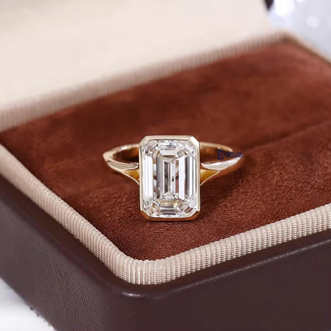 3 Carat Emerald Cut Lab Grown Diamond Engagement Ring | 14K Gold Bezel ...