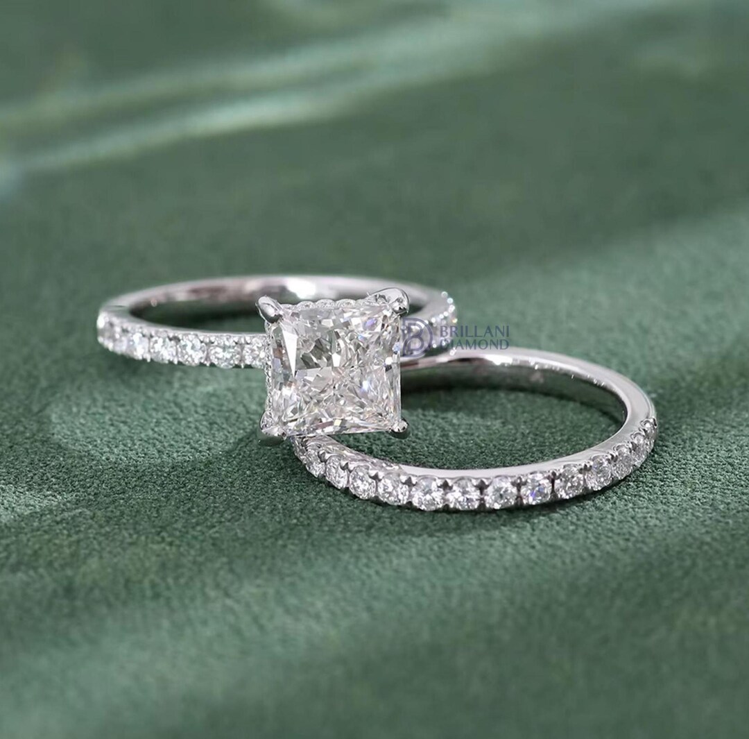 Princess Cut Lab Grown Diamond Ring Set, 14K Gold Eternity Band - Etsy