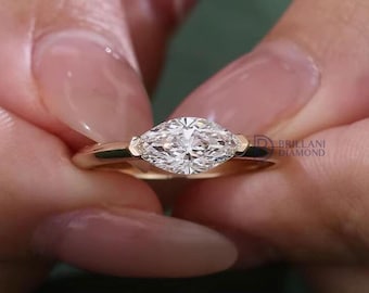 Anillo de compromiso con diamante de laboratorio talla marquesa delicado, certificado por IGI