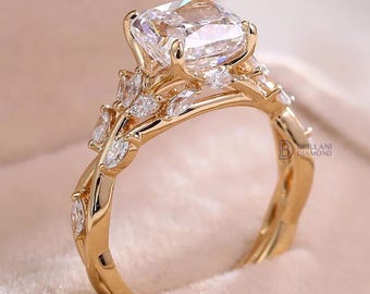 Anillo de compromiso con diamantes de talla cojín de 3 quilates, certificado IGI y cultivado en laboratorio, inspirado en la naturaleza, con hojas y ramas.
