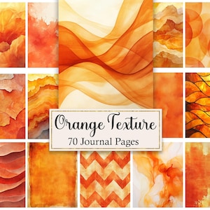 Puede incluir: Una colección de 70 páginas de diario digitales con diversas texturas naranjas, incluyendo lavados de acuarela, ondas abstractas, patrones geométricos en zigzag y efectos de papel en capas, con el texto Orange Texture 70 Journal Pages.