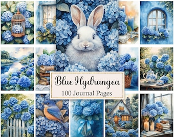 Blue Hydrangea Digital Paper, Flower Printable, Vintage Floral Journal Pages