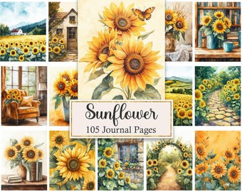Sunflower Journal Pages, Digital Paper, Flower Scrapbook Papers, Summer Printable, Collage
