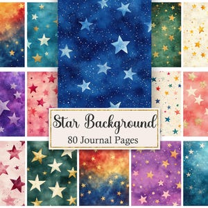 Pode incluir: Uma coleção de 80 páginas de diário com vários fundos temáticos de estrelas em texturas de aguarela em azul, roxo, vermelho, verde e creme. Uma etiqueta retangular branca central exibe o texto Star Background 80 Journal Pages.