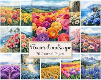 Flower Landscape Digital Paper, Spring Printable, Scenery Journal Pages