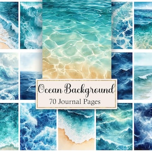 Puede incluir: Una colección de setenta páginas de diario digitales que presentan varias escenas oceánicas, incluyendo olas rompiendo, costas arenosas y agua turquesa clara. Una etiqueta rectangular central muestra el texto Ocean Background 70 Journal Pages.