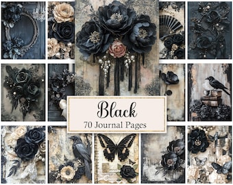 Black Junk Journal Pages, Vintage Black Printable, Shabby Chic Paper Pack, Scrapbook Digital Papers