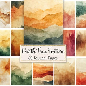 May include: A collection of 80 journal pages featuring watercolor textures in earth tones including brown, orange, yellow, and green. A central rectangular label displays the text Earth Tone Texture 80 Journal Pages in a dark script and serif font.