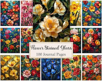 Flower Stained Glass Digital Paper, Floral Journal Pages, Spring Scrapbook Papers, Printable