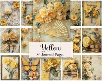 Yellow Junk Journal Pages, Vintage Yellow Printable, Shabby Chic Paper Pack, Scrapbook Digital Papers