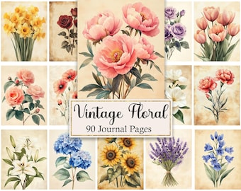 Vintage Floral Digital Paper, Flower Junk Journal Pages, Botanical Printable