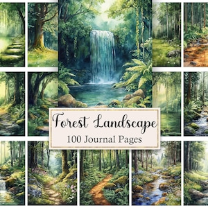 Può includere: Una collezione di 100 pagine di diario con illustrazioni di paesaggi forestali. Le immagini raffigurano varie scene tra cui cascate, ruscelli, sentieri in pietra muschiosa e fitta vegetazione boschiva nei toni del verde, marrone e blu.