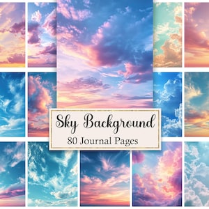 Könnte beinhalten: Eine Sammlung von 80 Tagebuchseiten mit verschiedenen Himmelshintergründen mit Wolken in Blau-, Rosa-, Orange- und Gelbtönen. Ein zentrales rechteckiges Etikett mit goldenem Rand zeigt den Text Sky Background 80 Journal Pages.